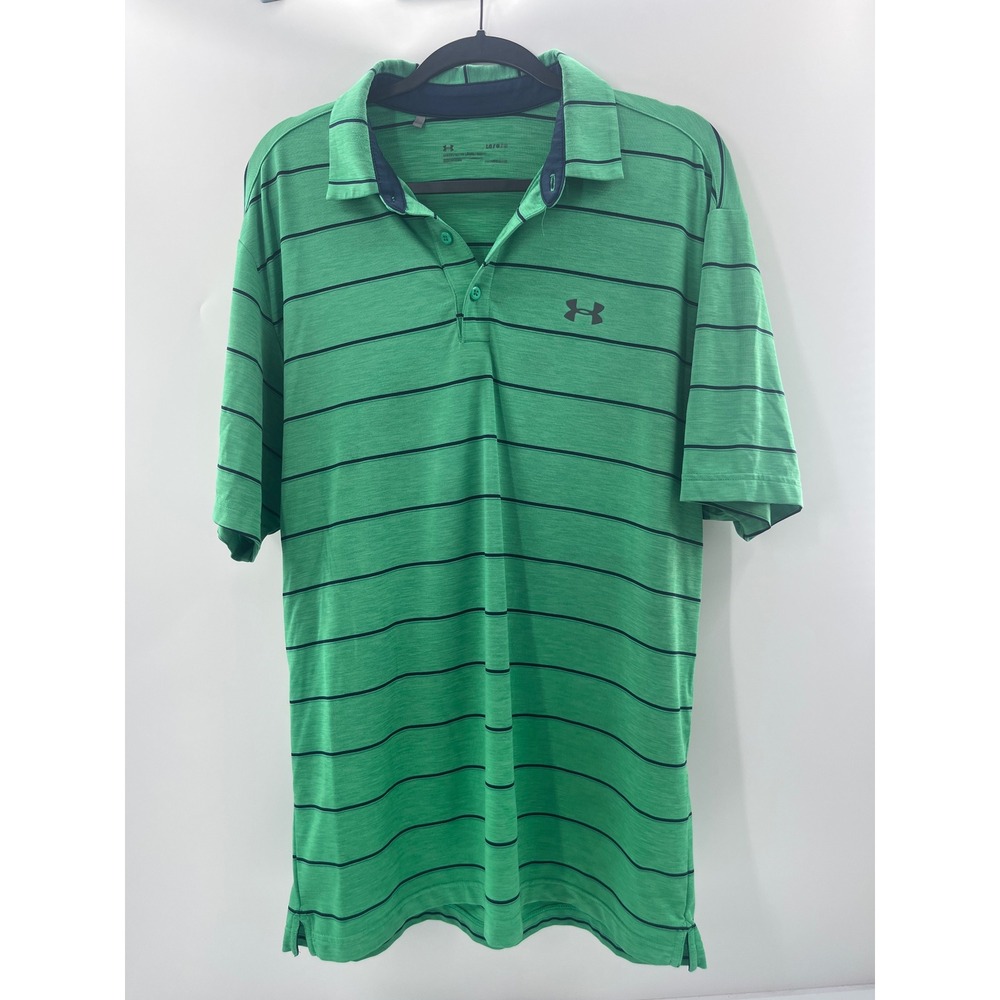 Under Armour Mens Loose HeatGear Polo Shirt Green Navy Blue Striped Golf LG